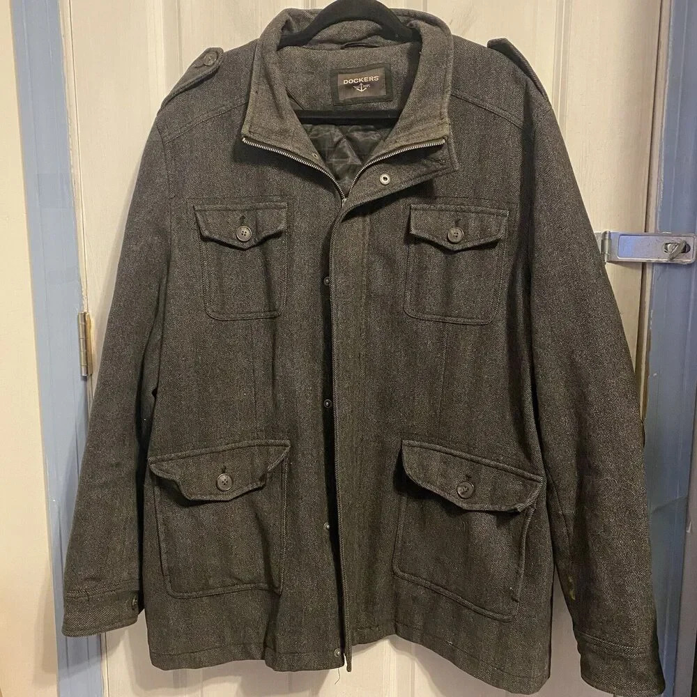 Dockers Chore Utility Jacket Wool Blend Herringbone Gray VTG Mens XXL Zip Snap